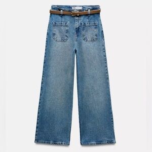 Zara Blue High Rise Wide-Leg Jeans with Brown Belt in Blue, Size US 6